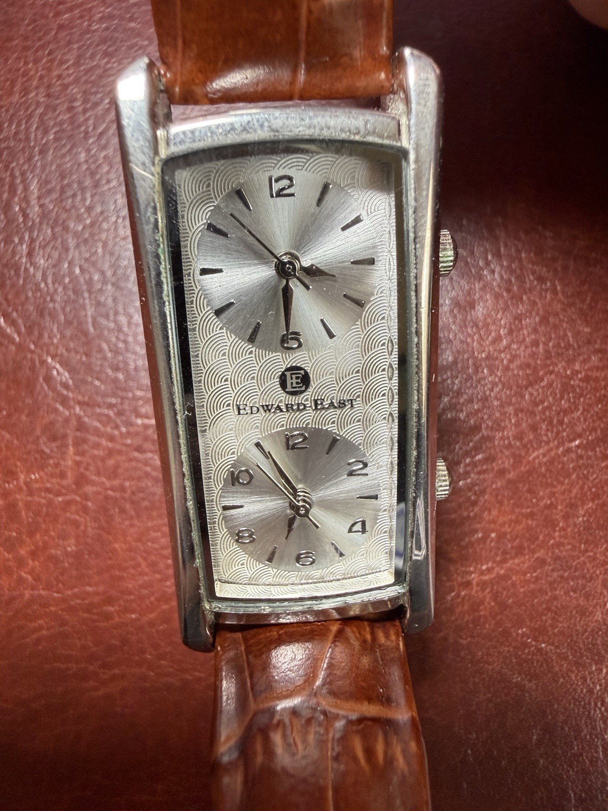 Edward East London Dual Time Watch Rectangular Tank Silver Dial Brown Leather